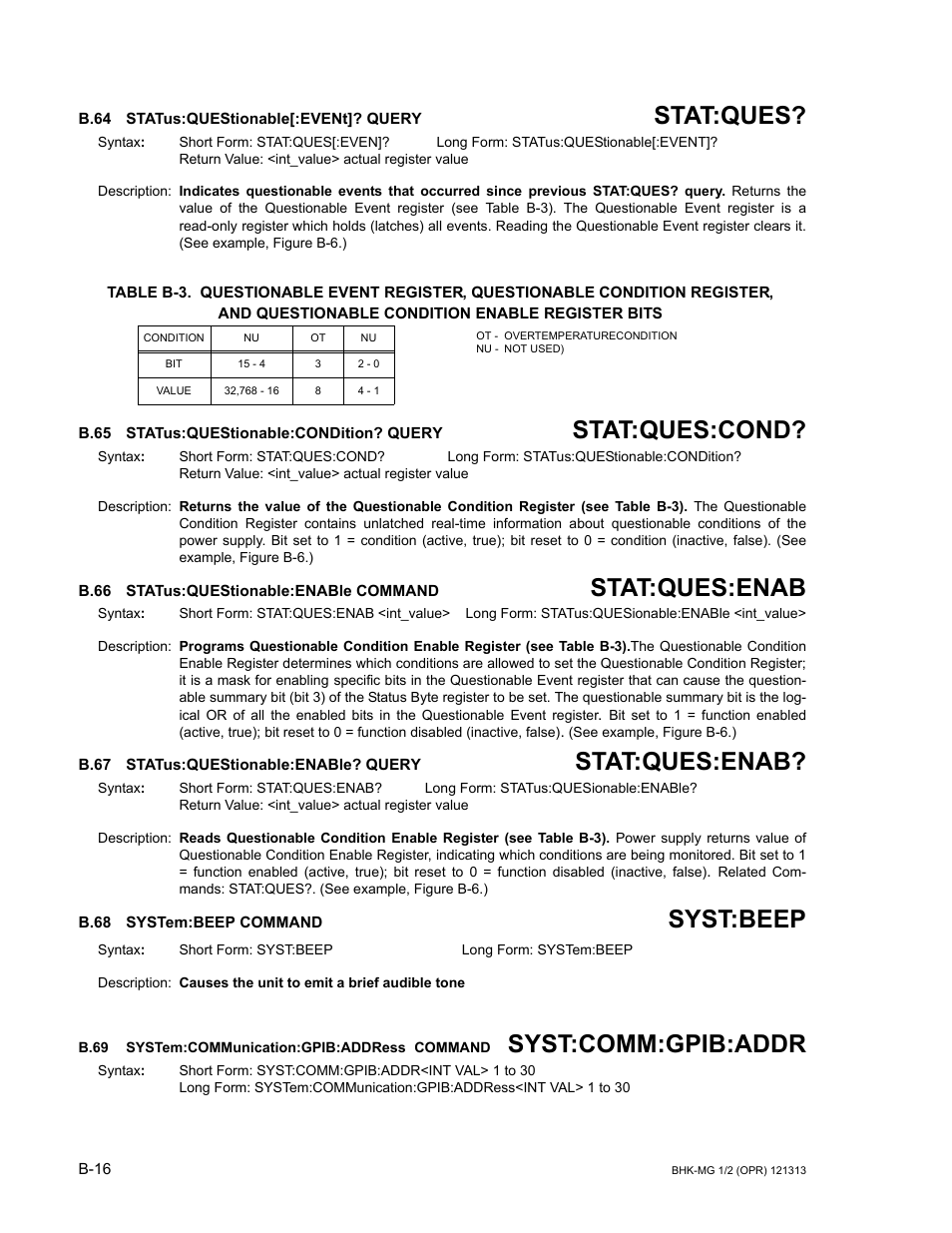 B.64 status:questionable[:event]? query, B.65 status:questionable:condition? query, B.66 status:questionable:enable command | B.67 status:questionable:enable? query, B.68 system:beep command, B.69 system:communication:gpib:address command, B.64, Stat, B.65, B.66 | KEPCO BHK-MG 40W (Half Rack) Series User Manual | Page 142 / 148