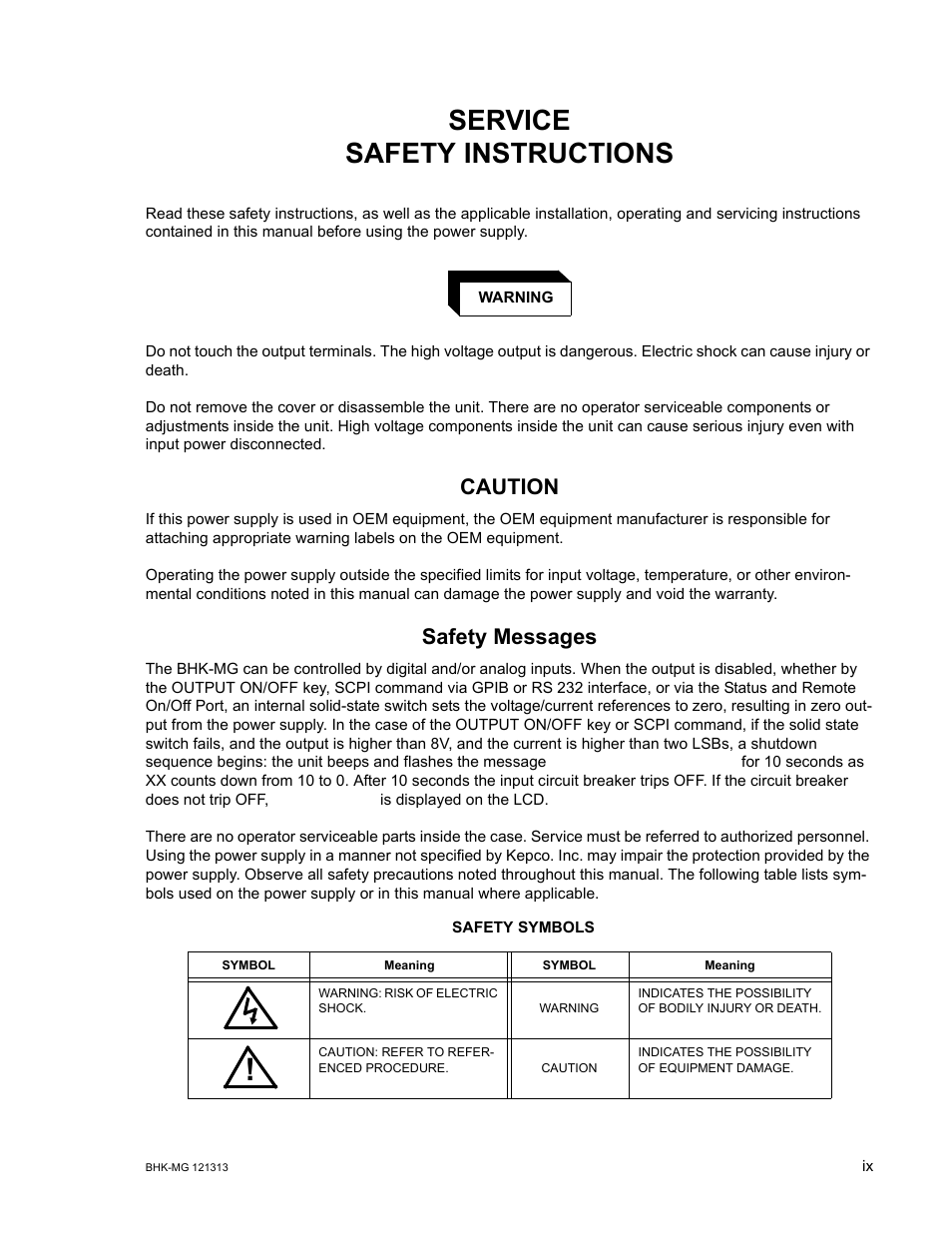 Service safety instructions, Caution, Safety messages | KEPCO BHK-MG 40W (Half Rack) Series User Manual | Page 15 / 148