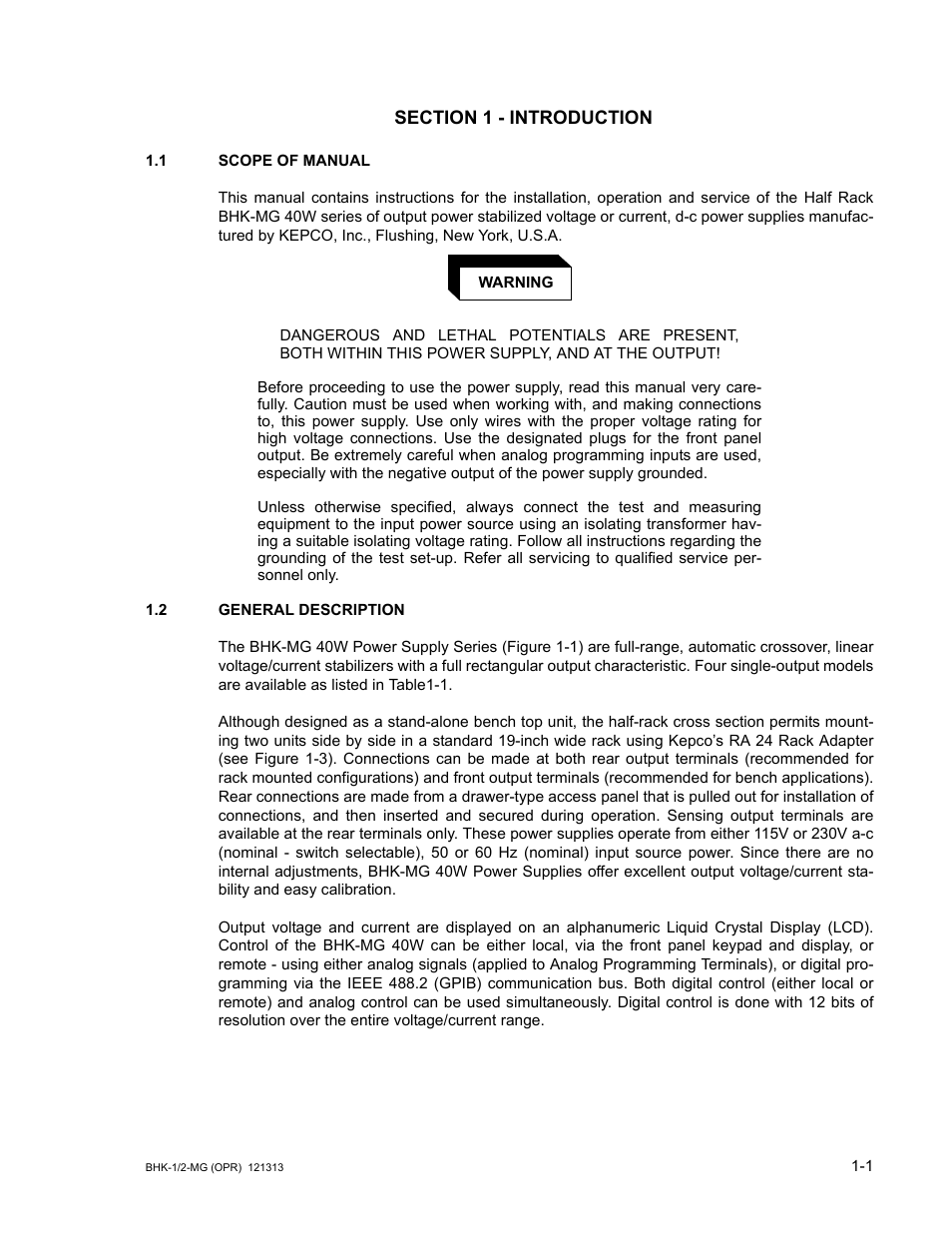 Section 1 - introduction, 1 scope of manual, 2 general description | Scope of manual -1, General description -1 | KEPCO BHK-MG 40W (Half Rack) Series User Manual | Page 17 / 148