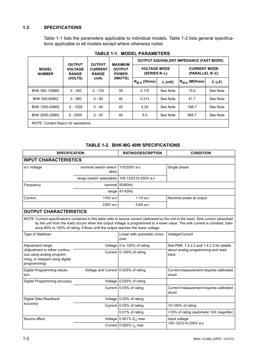 3 specifications, Table 1-1. model parameters, Table 1-2. bhk-mg 40w specifications | Specifications -2, Model parameters -2, Bhk-mg 40w specifications -2 | KEPCO BHK-MG 40W (Half Rack) Series User Manual | Page 18 / 148