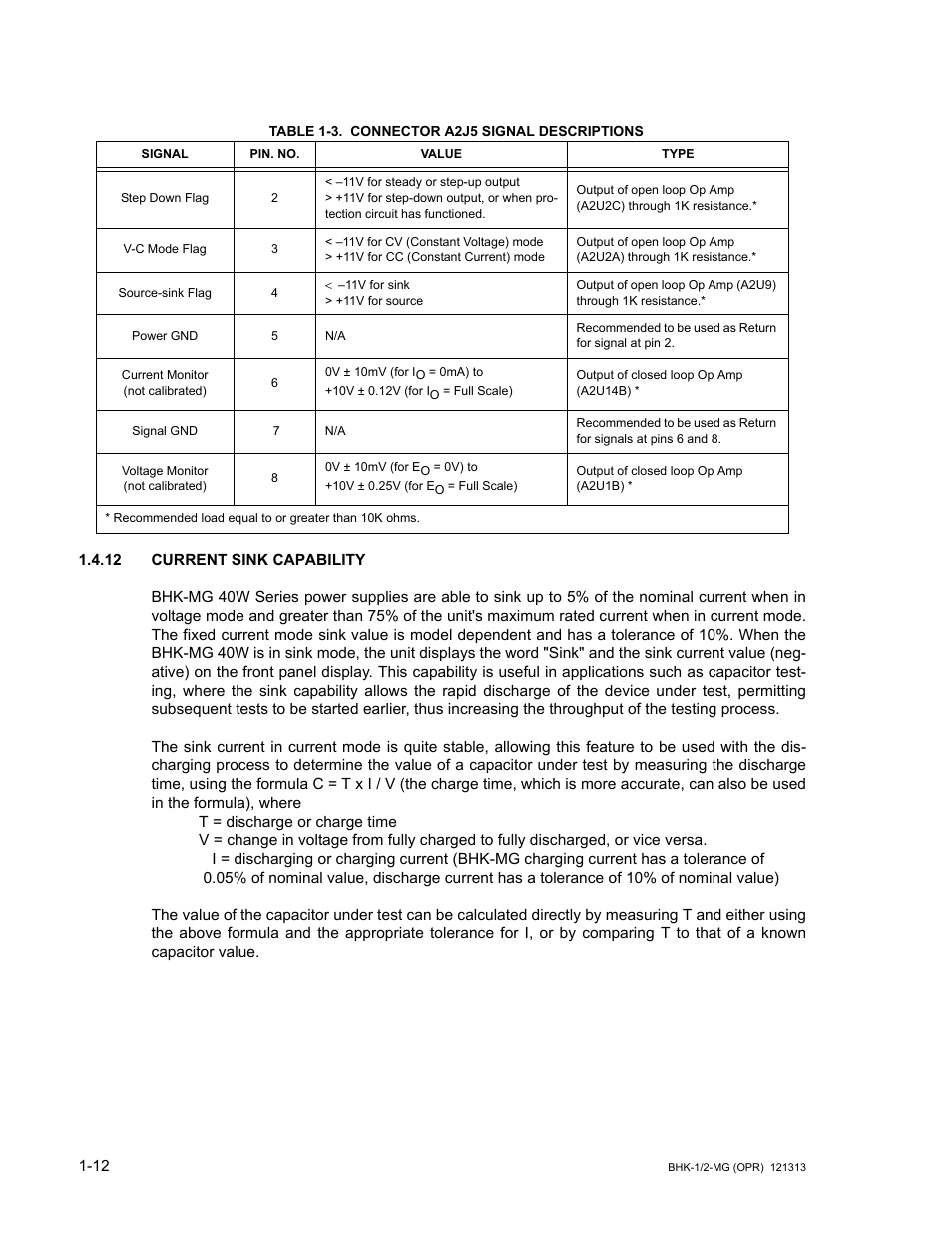 Table 1-3. connector a2j5 signal descriptions, 12 current sink capability, Current sink capability -12 | Connector a2j5 signal descriptions -12, E 1-3 fo | KEPCO BHK-MG 40W (Half Rack) Series User Manual | Page 28 / 148