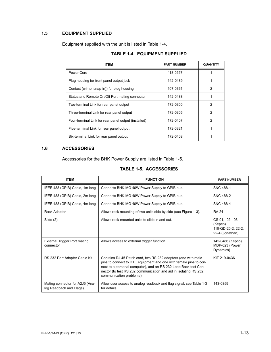 5 equipment supplied, Table 1-4. equipment supplied, 6 accessories | Table 1-5. accessories, Equipment supplied -13, Accessories -13 | KEPCO BHK-MG 40W (Half Rack) Series User Manual | Page 29 / 148