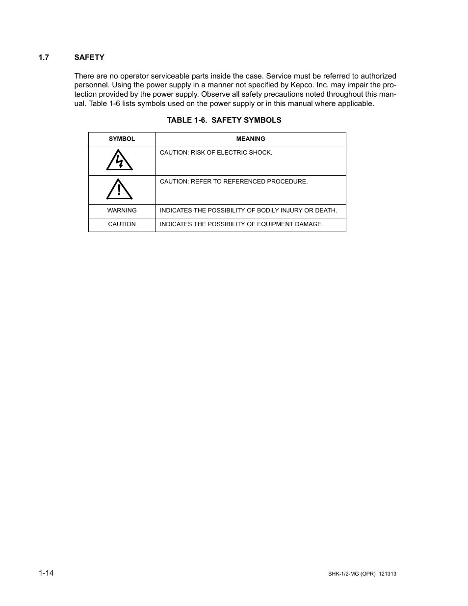 7 safety, Table 1-6. safety symbols, Safety -14 | Safety symbols -14 | KEPCO BHK-MG 40W (Half Rack) Series User Manual | Page 30 / 148