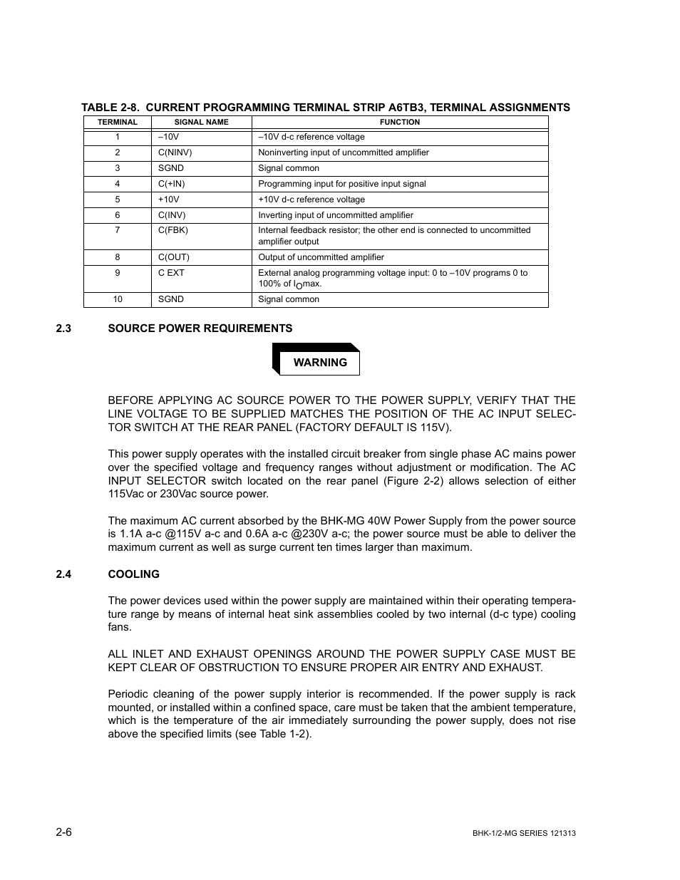 3 source power requirements, 4 cooling, Source power requirements -6 | Cooling -6, Able 2-8 | KEPCO BHK-MG 40W (Half Rack) Series User Manual | Page 36 / 148