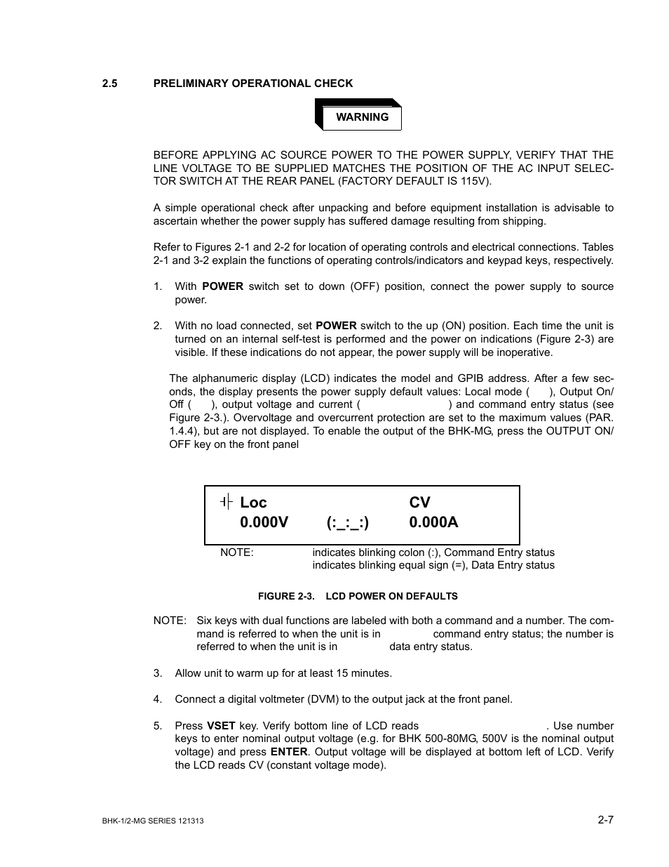 5 preliminary operational check, Figure 2-3. lcd power on defaults, Preliminary operational check -7 | Lcd power on defaults -7 | KEPCO BHK-MG 40W (Half Rack) Series User Manual | Page 37 / 148