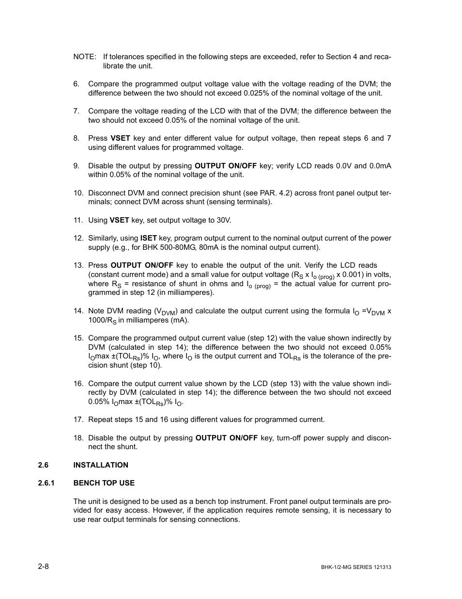 6 installation, 1 bench top use, Installation -8 | Bench top use -8 | KEPCO BHK-MG 40W (Half Rack) Series User Manual | Page 38 / 148