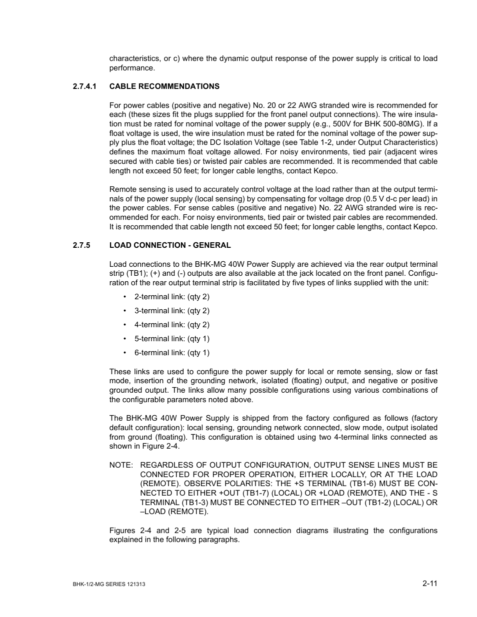 1 cable recommendations, 5 load connection - general, Cable recommendations -11 | Load connection - general -11 | KEPCO BHK-MG 40W (Half Rack) Series User Manual | Page 41 / 148