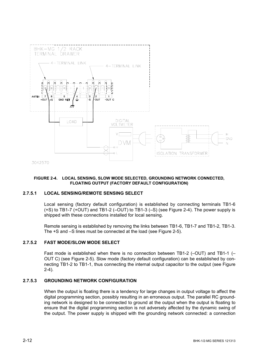1 local sensing/remote sensing select, 2 fast mode/slow mode select, 3 grounding network configuration | Local sensing/remote sensing select -12, Fast mode/slow mode select -12, Grounding network configuration -12, Re 2-4, Figures 2-4 and 2 | KEPCO BHK-MG 40W (Half Rack) Series User Manual | Page 42 / 148