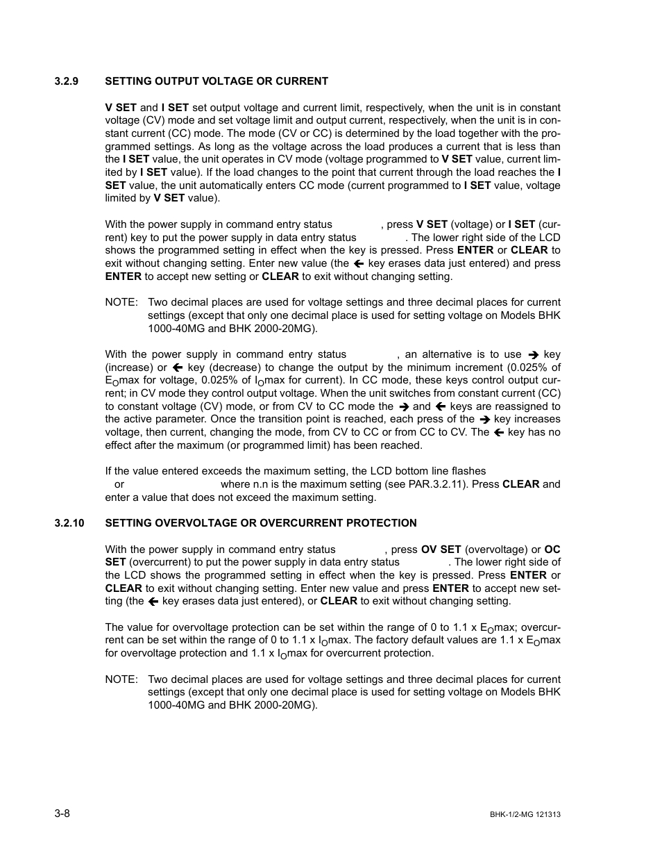 9 setting output voltage or current, 10 setting overvoltage or overcurrent protection, Setting output voltage or current -8 | Setting overvoltage or overcurrent protection -8 | KEPCO BHK-MG 40W (Half Rack) Series User Manual | Page 52 / 148