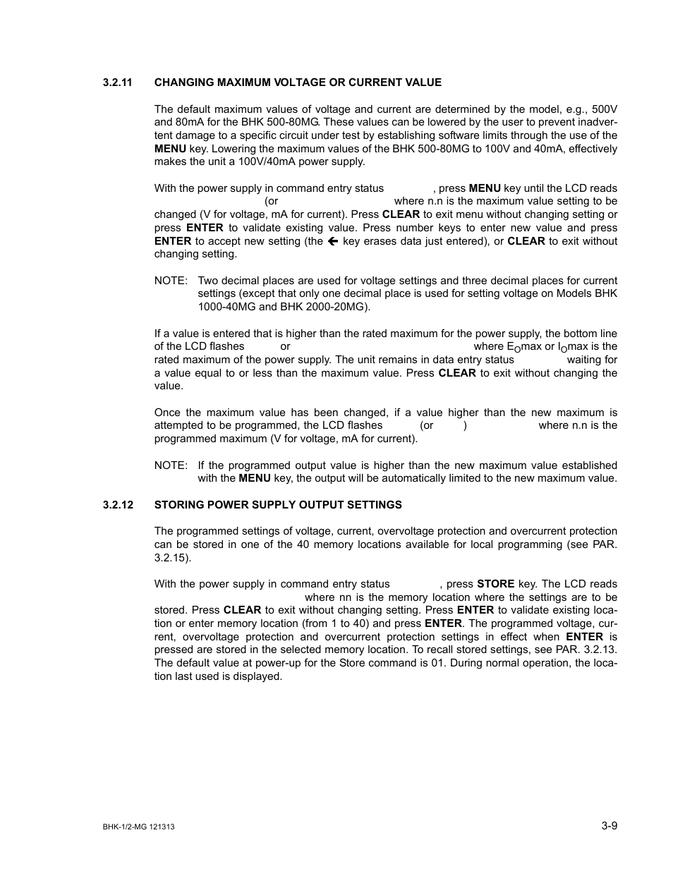 11 changing maximum voltage or current value, 12 storing power supply output settings, Changing maximum voltage or current value -9 | Storing power supply output settings -9 | KEPCO BHK-MG 40W (Half Rack) Series User Manual | Page 53 / 148