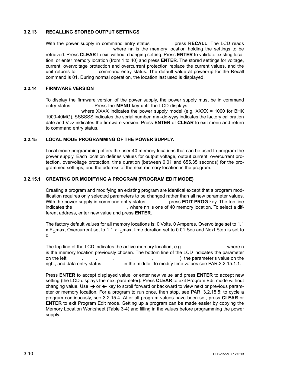 13 recalling stored output settings, 14 firmware version, 15 local mode programming of the power supply | Recalling stored output settings -10, Firmware version -10, Local mode programming of the power supply -10 | KEPCO BHK-MG 40W (Half Rack) Series User Manual | Page 54 / 148