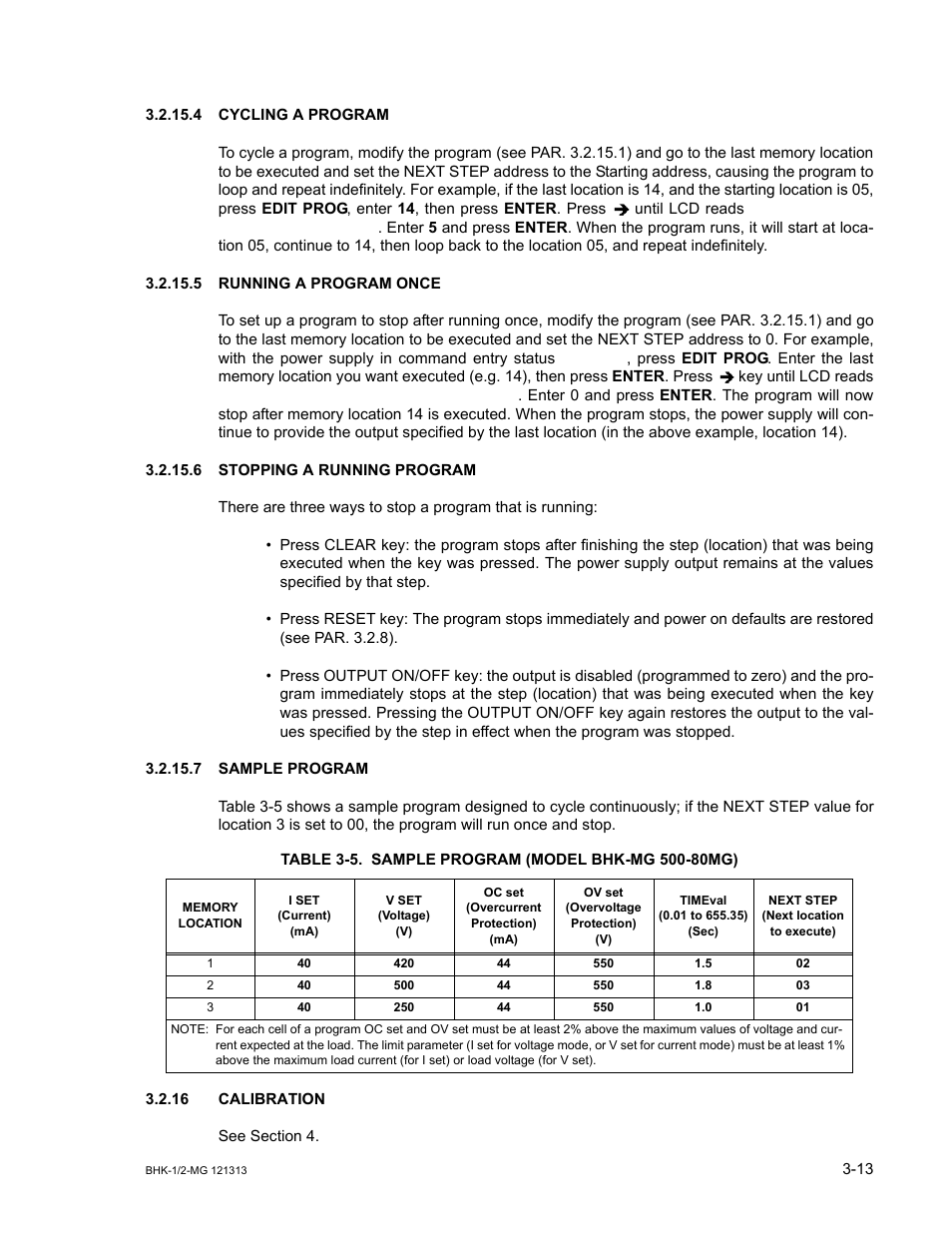 4 cycling a program, 5 running a program once, 6 stopping a running program | 7 sample program, Table 3-5. sample program (model bhk-mg 500-80mg), 16 calibration, Cycling a program -13, Running a program once -13, Stopping a running program -13, Sample program -13 | KEPCO BHK-MG 40W (Half Rack) Series User Manual | Page 57 / 148