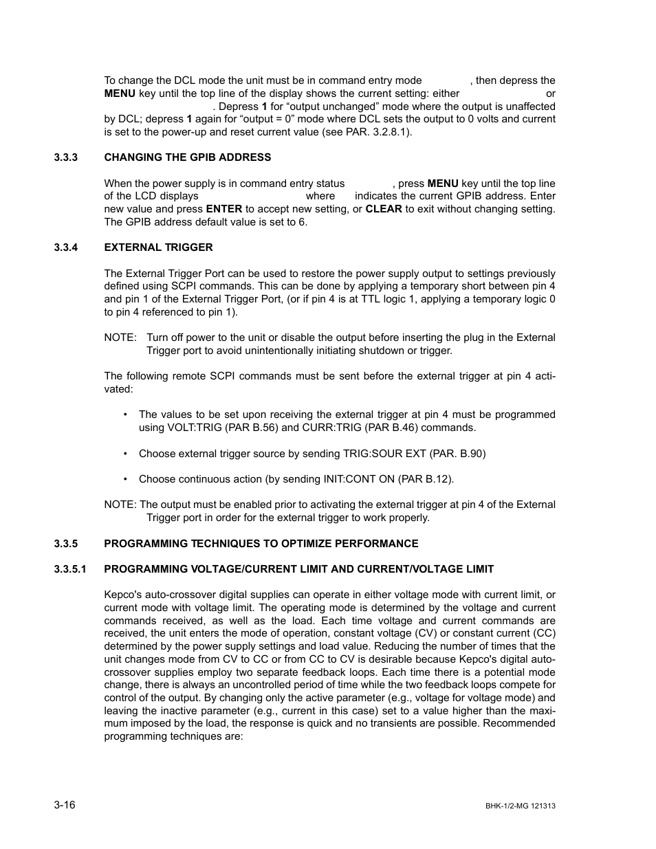 3 changing the gpib address, 4 external trigger, 5 programming techniques to optimize performance | Changing the gpib address -16, External trigger -16, Programming techniques to optimize performance -16, Ar. 3.3.3) | KEPCO BHK-MG 40W (Half Rack) Series User Manual | Page 60 / 148