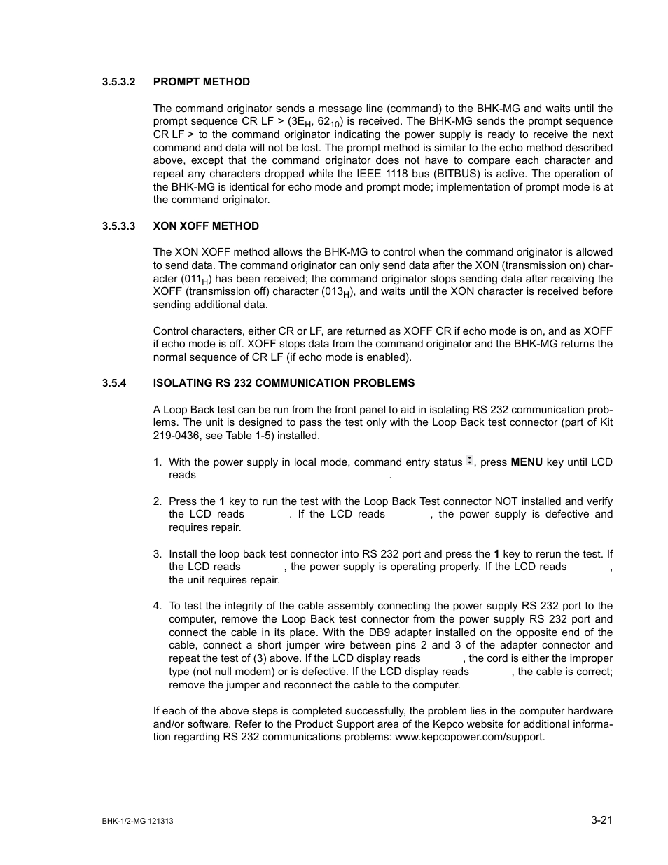 2 prompt method, 3 xon xoff method, 4 isolating rs 232 communication problems | Prompt method -21, Xon xoff method -21, Isolating rs 232 communication problems -21 | KEPCO BHK-MG 40W (Half Rack) Series User Manual | Page 65 / 148