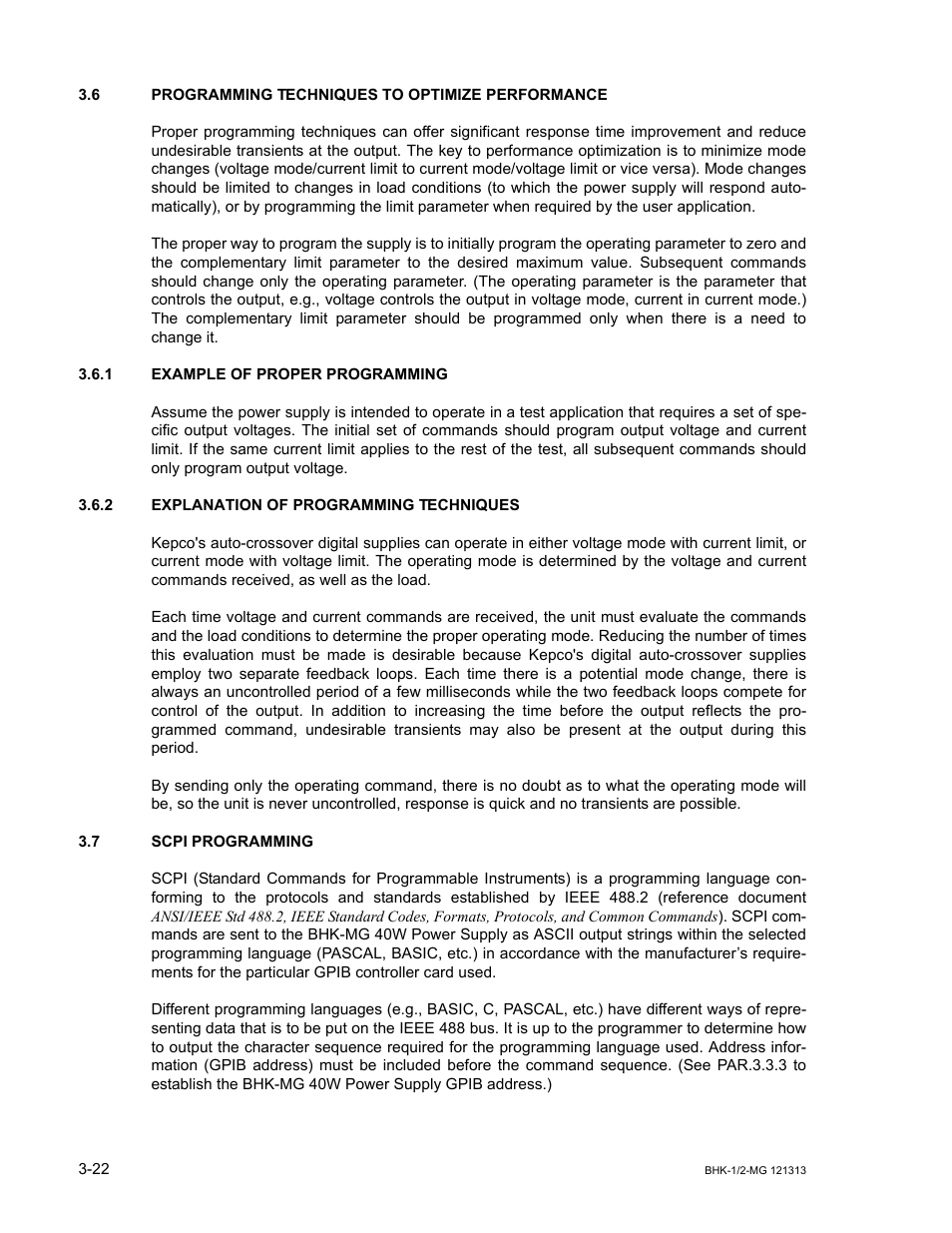 6 programming techniques to optimize performance, 1 example of proper programming, 2 explanation of programming techniques | 7 scpi programming, Programming techniques to optimize performance -22, Example of proper programming -22, Explanation of programming techniques -22, Scpi programming -22 | KEPCO BHK-MG 40W (Half Rack) Series User Manual | Page 66 / 148