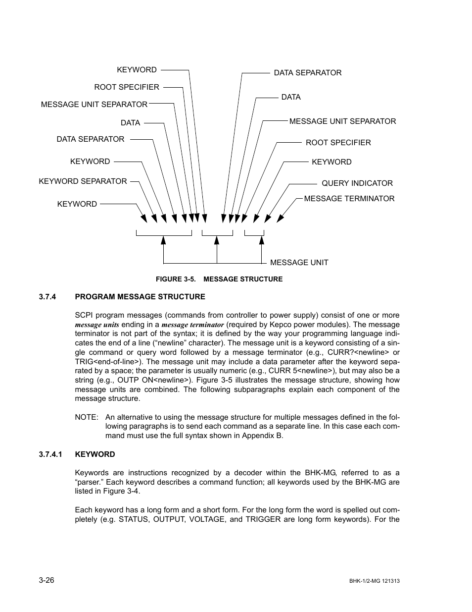 Figure 3-5. message structure, 4 program message structure, 1 keyword | Program message structure -26, Keyword -26, Message structure -26 | KEPCO BHK-MG 40W (Half Rack) Series User Manual | Page 70 / 148