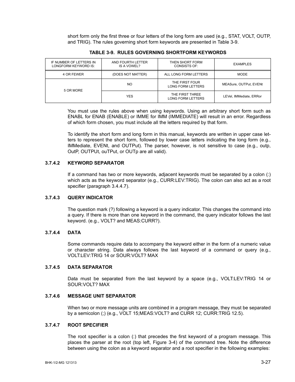 Table 3-9. rules governing shortform keywords, 2 keyword separator, 3 query indicator | 4 data, 5 data separator, 6 message unit separator, 7 root specifier, Keyword separator -27, Query indicator -27, Data -27 | KEPCO BHK-MG 40W (Half Rack) Series User Manual | Page 71 / 148