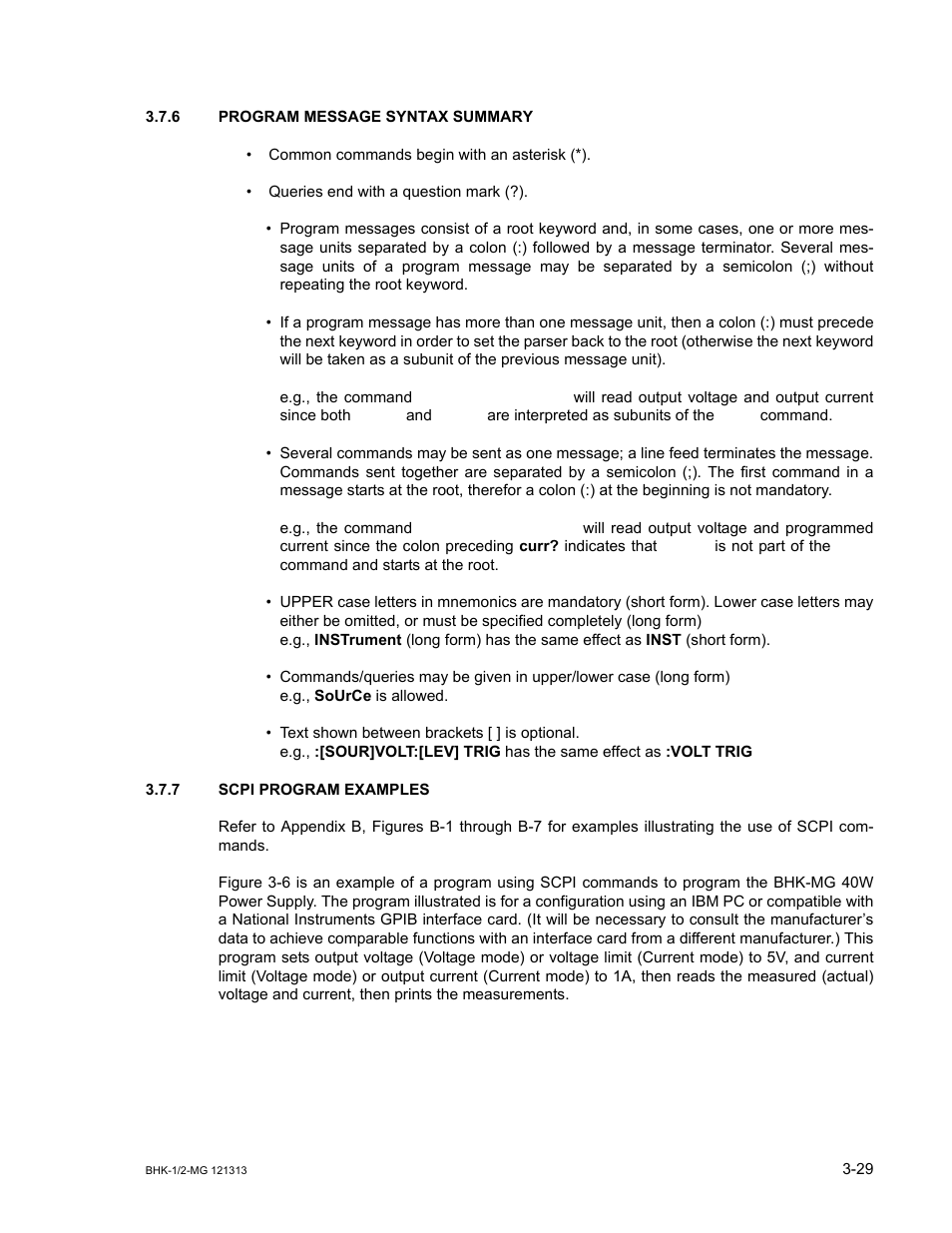 6 program message syntax summary, 7 scpi program examples, Program message syntax summary -29 | Scpi program examples -29 | KEPCO BHK-MG 40W (Half Rack) Series User Manual | Page 73 / 148