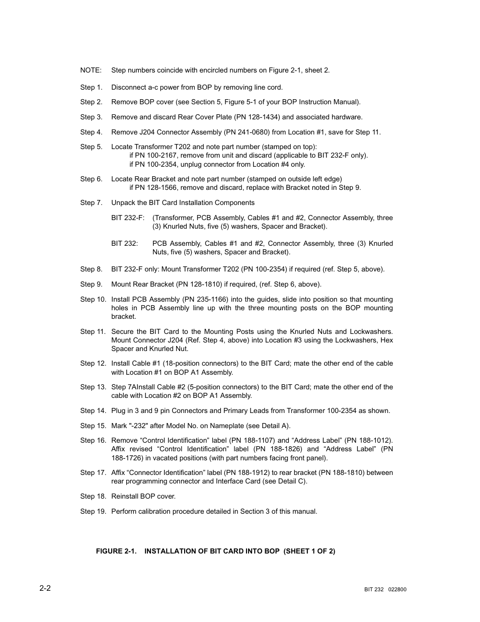 Figure 2-1. installation of bit card into bop, Installation of bit card into bop -2 | KEPCO BIT 232F User Manual | Page 12 / 72