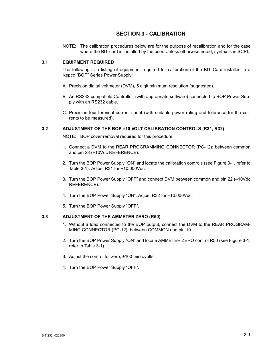 Section 3 - calibration, 1 equipment required, 3 adjustment of the ammeter zero (r50) | Equipment required -1, Adjustment of the ammeter zero (r50) -1 | KEPCO BIT 232F User Manual | Page 17 / 72