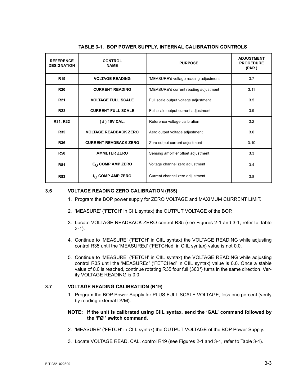 6 voltage reading zero calibration (r35), 7 voltage reading calibration (r19), Voltage reading zero calibration (r35) -3 | Voltage reading calibration (r19) -3, Bop power supply, internal calibration controls -3 | KEPCO BIT 232F User Manual | Page 19 / 72