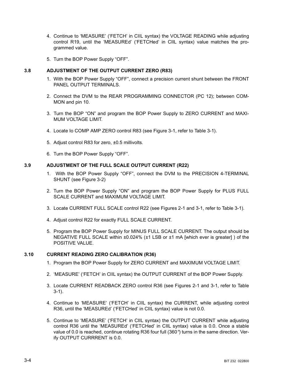 8 adjustment of the output current zero (r83), 10 current reading zero calibration (r36), Adjustment of the output current zero (r83) -4 | Current reading zero calibration (r36) -4 | KEPCO BIT 232F User Manual | Page 20 / 72