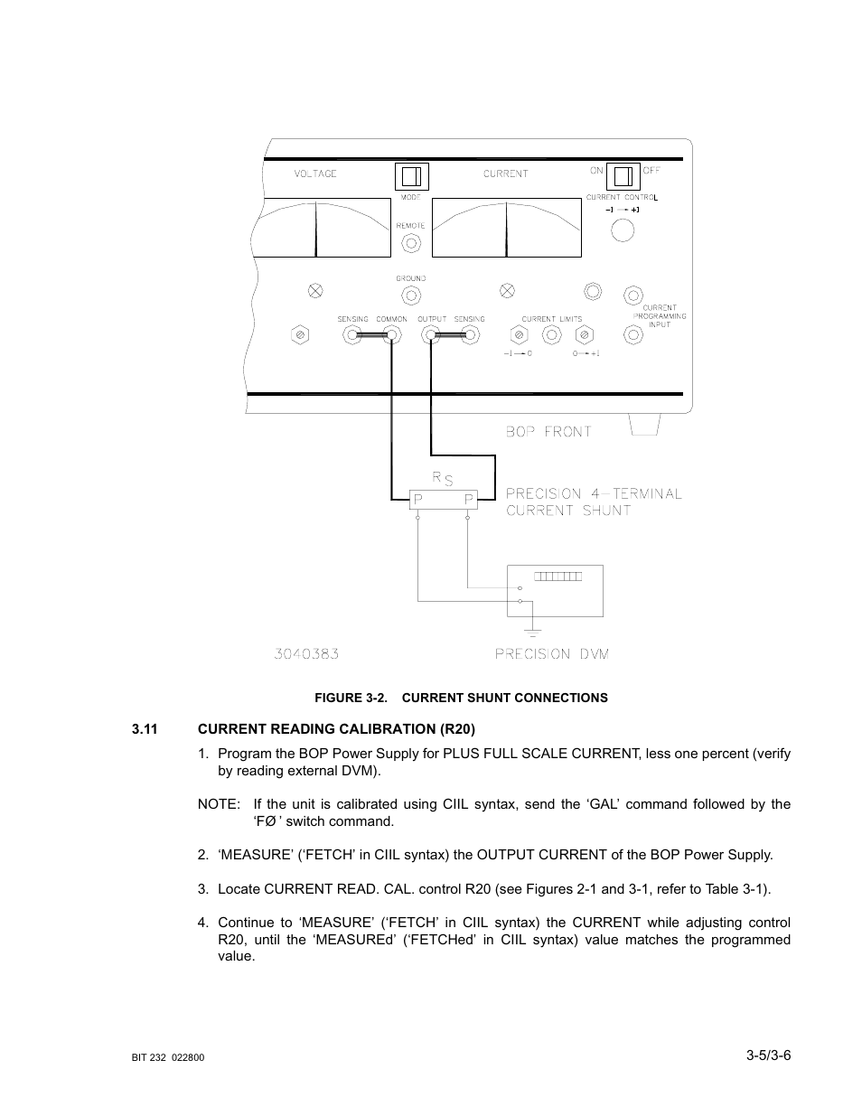 Figure 3-2. current shunt connections, 11 current reading calibration (r20), Current reading calibration (r20) -5 | Current shunt connections -5 | KEPCO BIT 232F User Manual | Page 21 / 72
