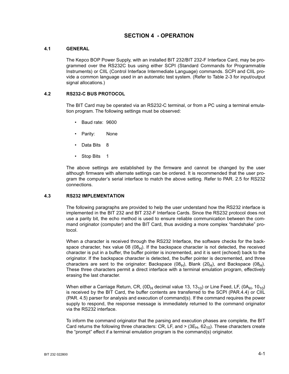 Section 4 - operation, 1 general, 2 rs232-c bus protocol | 3 rs232 implementation, General -1, Rs232-c bus protocol -1, Rs232 implementation -1 | KEPCO BIT 232F User Manual | Page 23 / 72