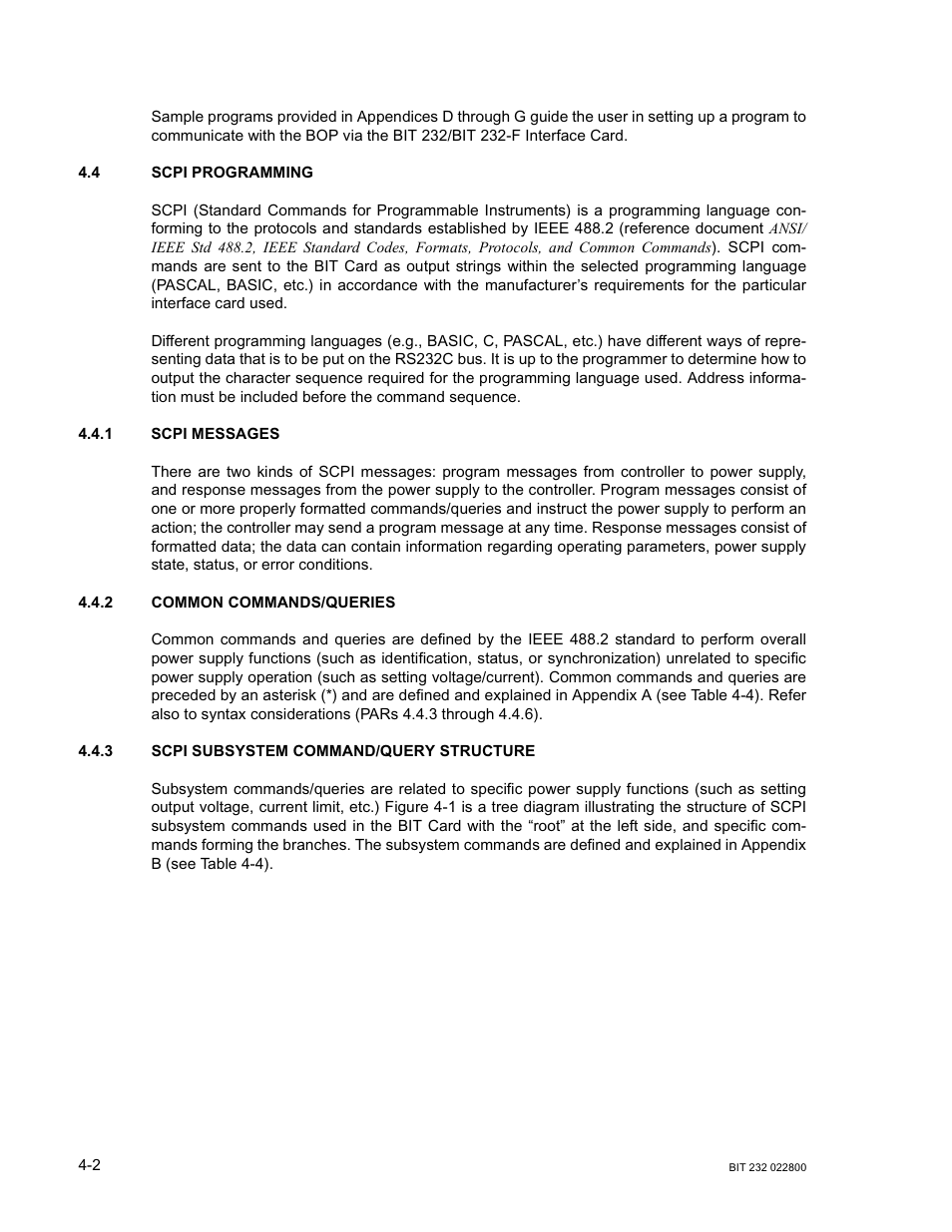 4 scpi programming, 1 scpi messages, 2 common commands/queries | 3 scpi subsystem command/query structure, Scpi programming -2, Scpi messages -2, Common commands/queries -2, Scpi subsystem command/query structure -2 | KEPCO BIT 232F User Manual | Page 24 / 72