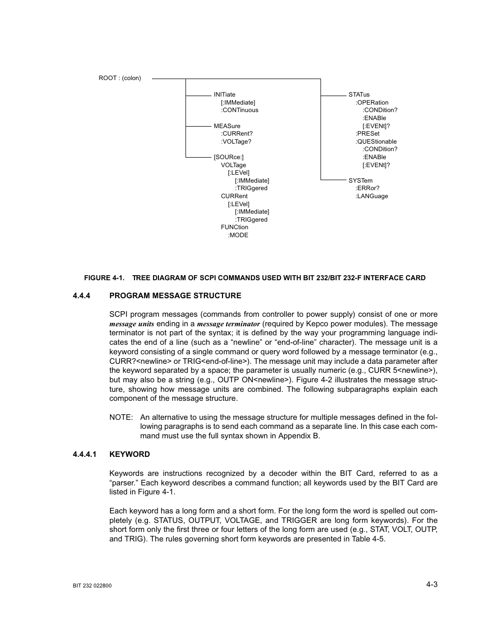 4 program message structure, 1 keyword, Program message structure -3 | Keyword -3 | KEPCO BIT 232F User Manual | Page 25 / 72