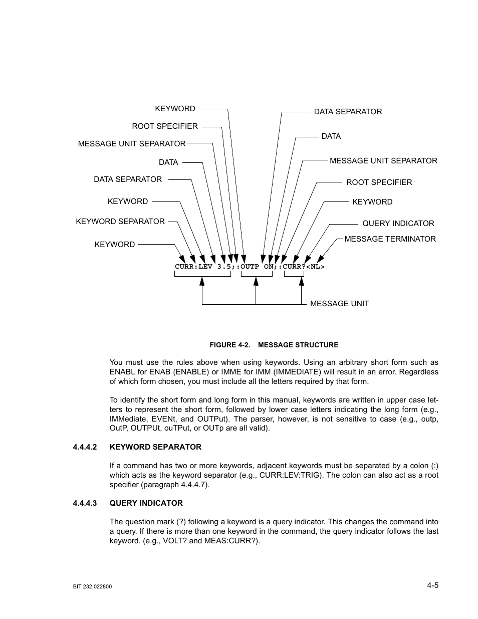 Figure 4-2. message structure, 2 keyword separator, 3 query indicator | Keyword separator -5, Query indicator -5, Message structure -5 | KEPCO BIT 232F User Manual | Page 27 / 72