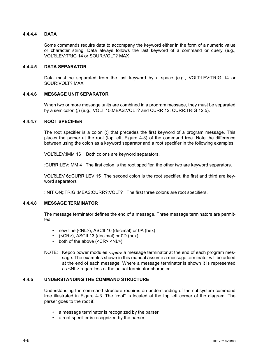 4 data, 5 data separator, 6 message unit separator | 7 root specifier, 8 message terminator, 5 understanding the command structure, Data -6, Data separator -6, Message unit separator -6, Root specifier -6 | KEPCO BIT 232F User Manual | Page 28 / 72