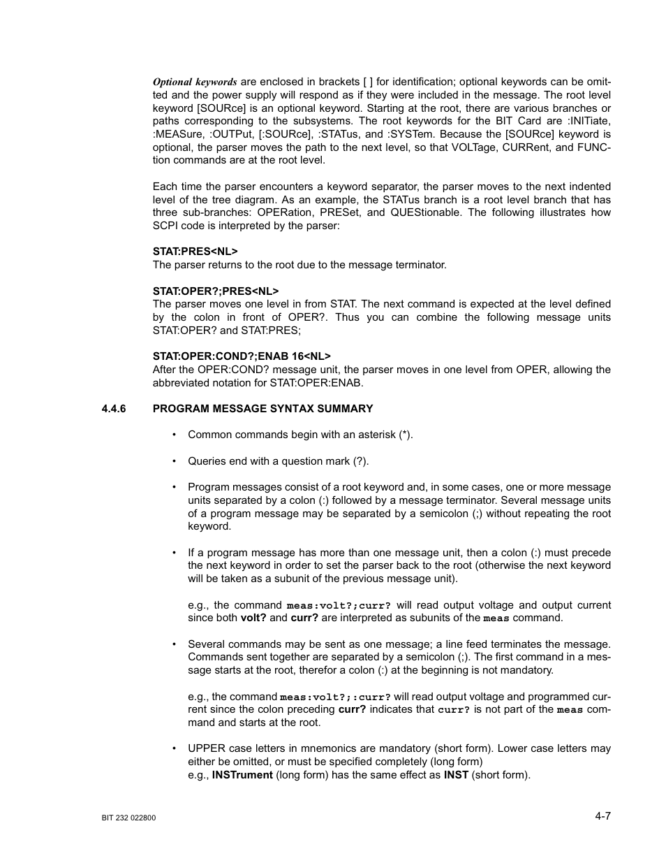 6 program message syntax summary, Program message syntax summary -7 | KEPCO BIT 232F User Manual | Page 29 / 72