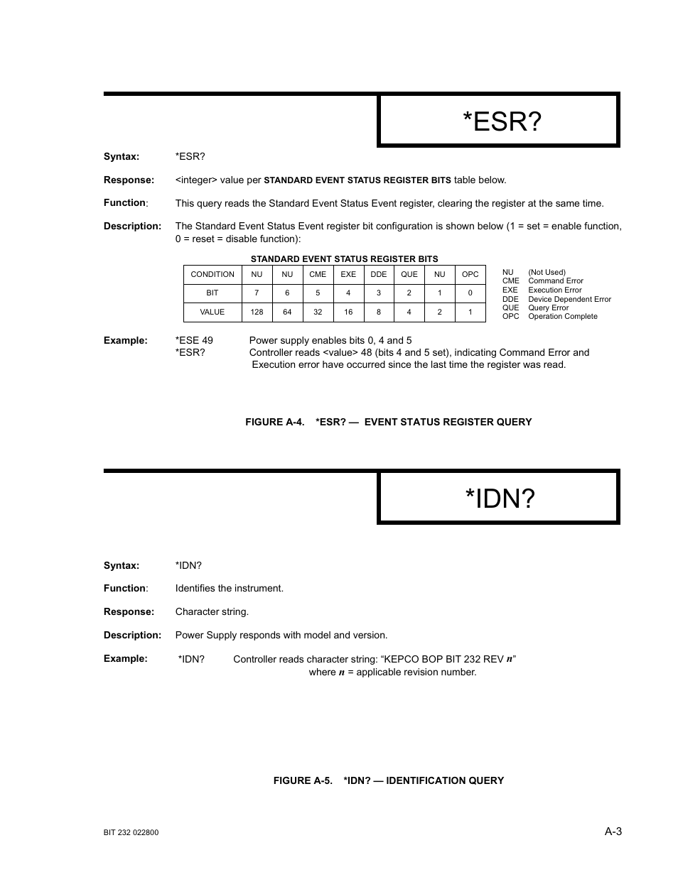 Figure a-4. *esr? — event status register query, Figure a-5. *idn? — identification query | KEPCO BIT 232F User Manual | Page 33 / 72