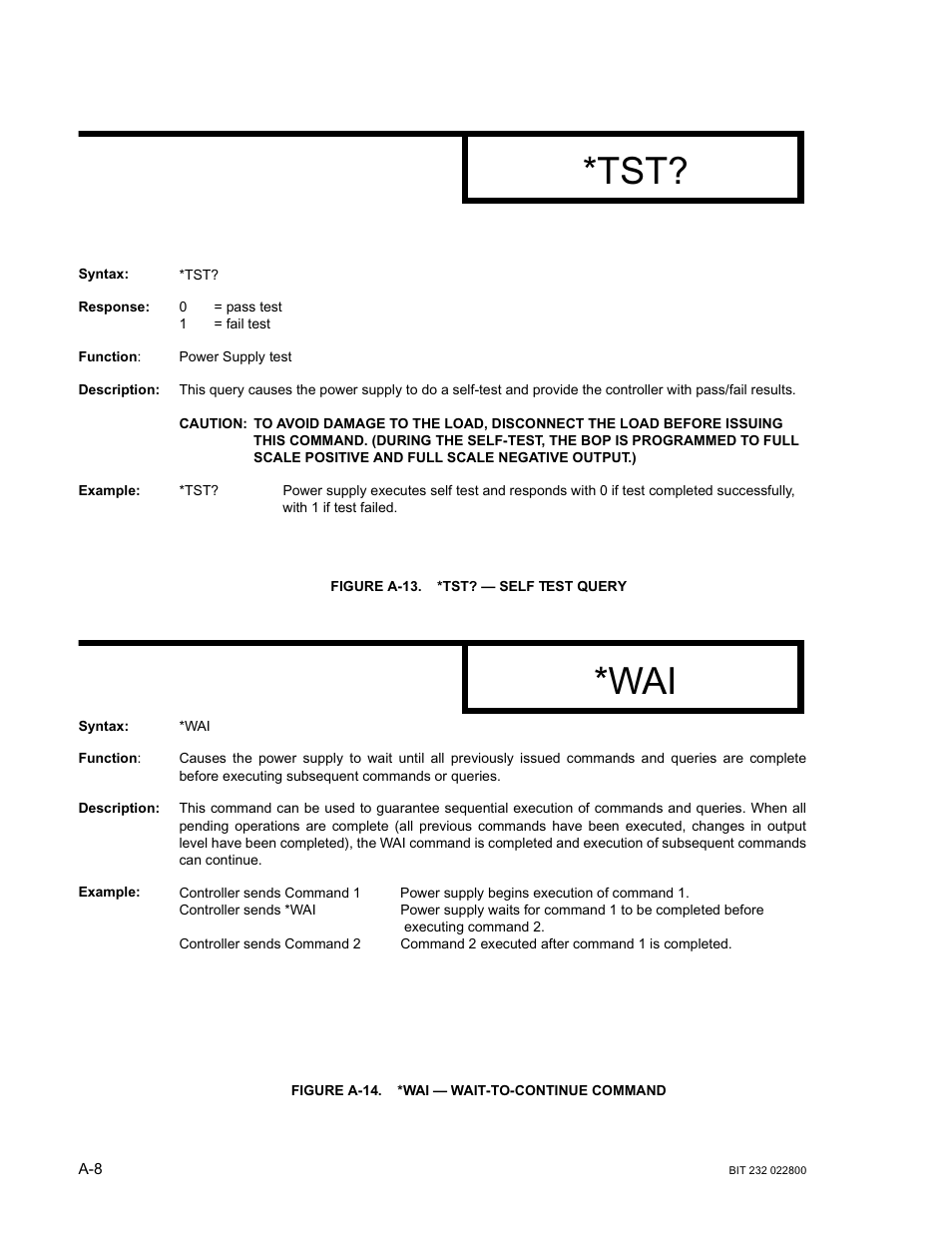 Figure a-13. *tst? — self test query, Figure a-14. *wai — wait-to-continue command | KEPCO BIT 232F User Manual | Page 38 / 72