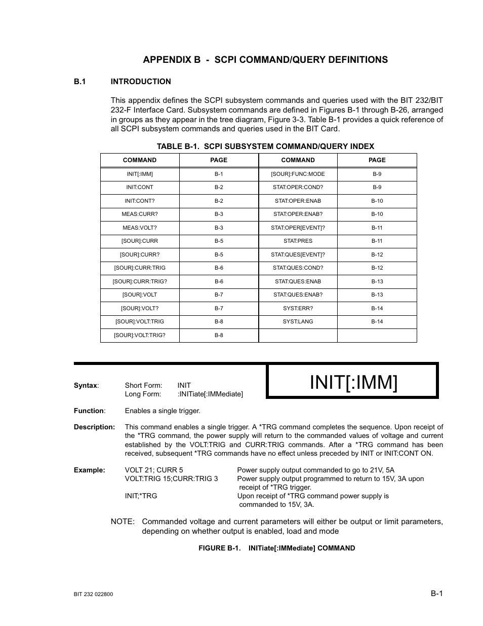 Appendix b - scpi command/query definitions, Table b-1. scpi subsystem command/query index, Figure b-1. initiate[:immediate] command | Init[:imm | KEPCO BIT 232F User Manual | Page 39 / 72