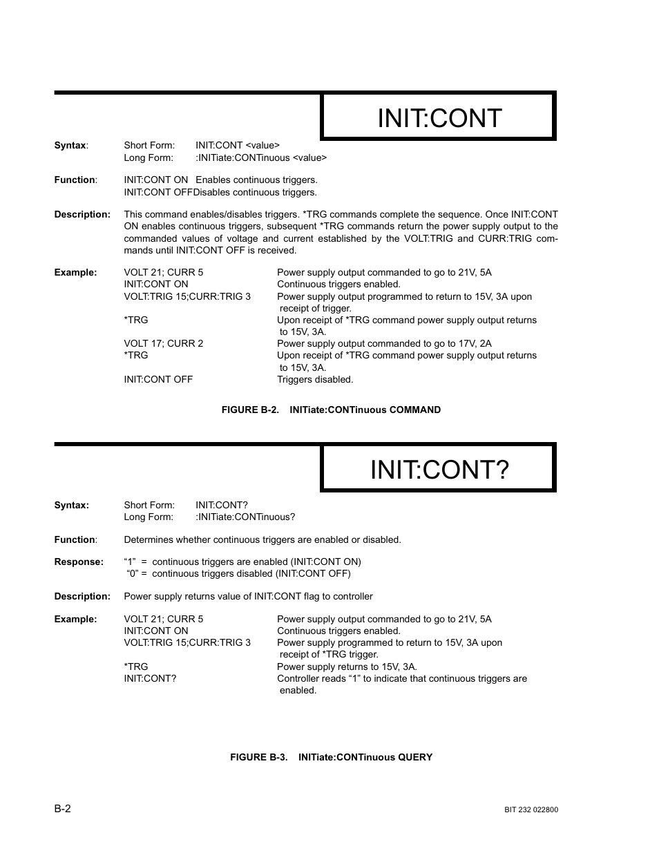 Figure b-2. initiate:continuous command, Figure b-3. initiate:continuous query, Init:cont | KEPCO BIT 232F User Manual | Page 40 / 72
