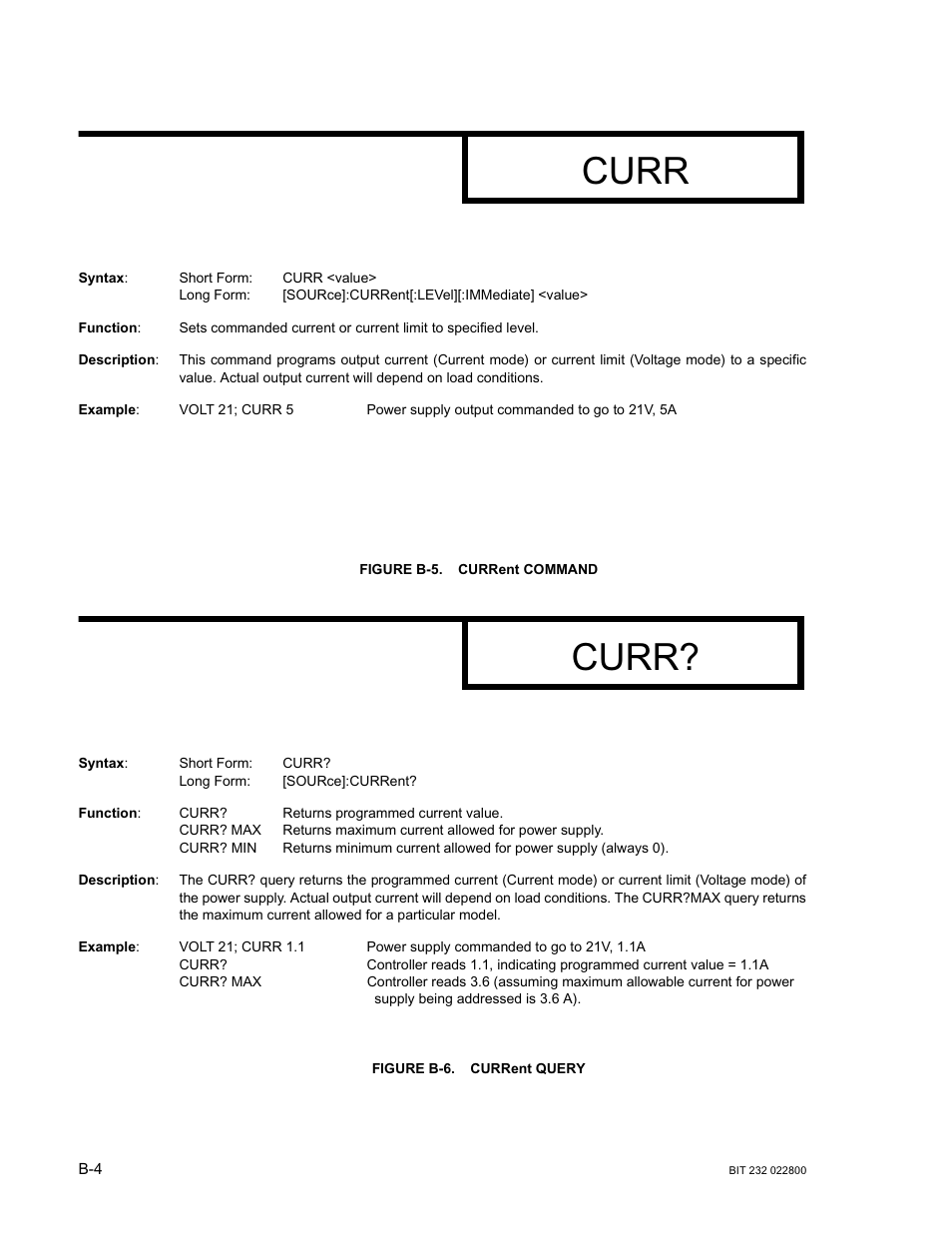 Figure b-5. current command, Figure b-6. current query, Curren | Curr | KEPCO BIT 232F User Manual | Page 42 / 72