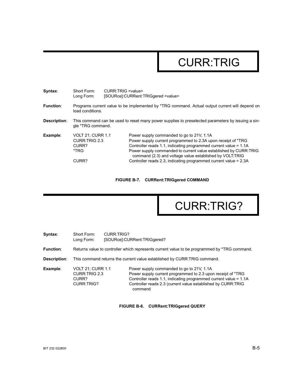 Figure b-7. current:triggered command, Figure b-8. current:triggered query, Curren | Curr:trig | KEPCO BIT 232F User Manual | Page 43 / 72