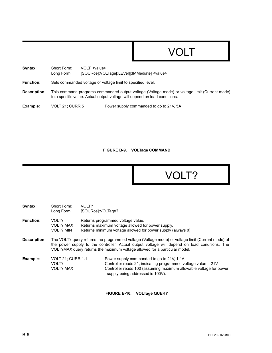 Figure b-9. voltage command, Figure b-10. voltage query, B-10 vo | Volt | KEPCO BIT 232F User Manual | Page 44 / 72
