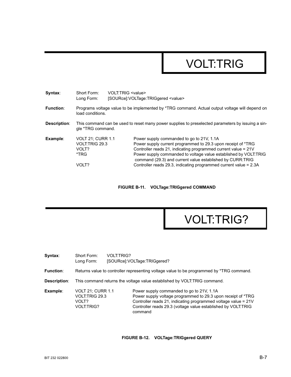 Figure b-11. voltage:triggered command, Figure b-12. voltage:triggered query, B-11 vo | B-12 vo, Volt:trig | KEPCO BIT 232F User Manual | Page 45 / 72