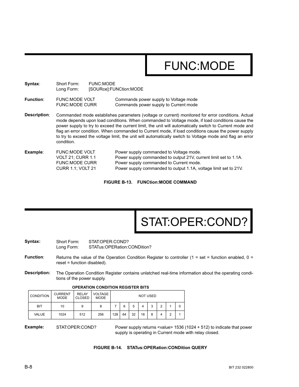 Figure b-13. function:mode command, Figure b-14. status:operation:condition query, B-13 f | B-14 st, Func:mode, Stat:oper:cond | KEPCO BIT 232F User Manual | Page 46 / 72