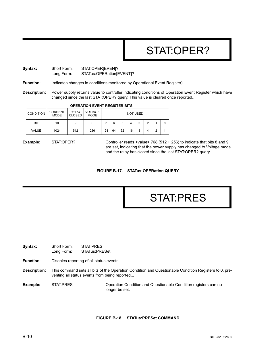 Figure b-17. status:operation query, Figure b-18. status:preset command, B-17 st | B-18 st, Stat:oper, Stat:pres | KEPCO BIT 232F User Manual | Page 48 / 72