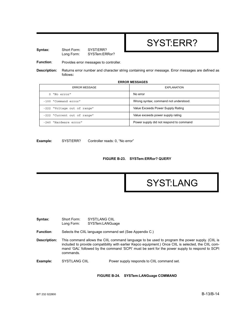 Figure b-23. system:error? query, Figure b-24. system:language command, B-23 sys | B-24 sys, Syst:err, Syst:lang | KEPCO BIT 232F User Manual | Page 51 / 72