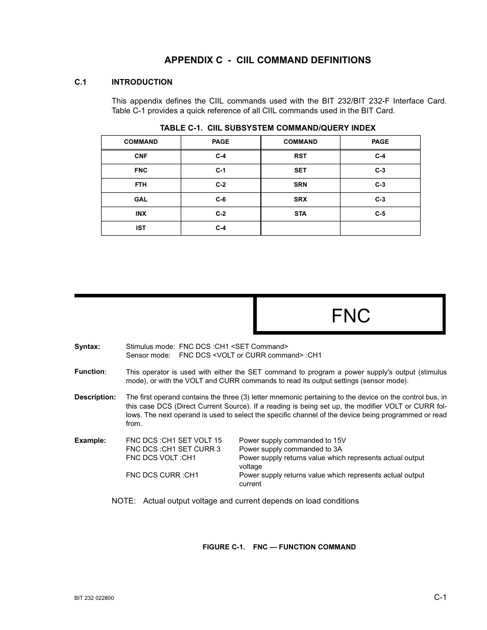 Appendix c - ciil command definitions, Table c-1. ciil subsystem command/query index, Figure c-1. fnc — function command | KEPCO BIT 232F User Manual | Page 53 / 72