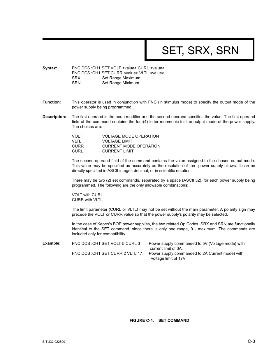 Figure c-4. set command, Set, srx, srn | KEPCO BIT 232F User Manual | Page 55 / 72