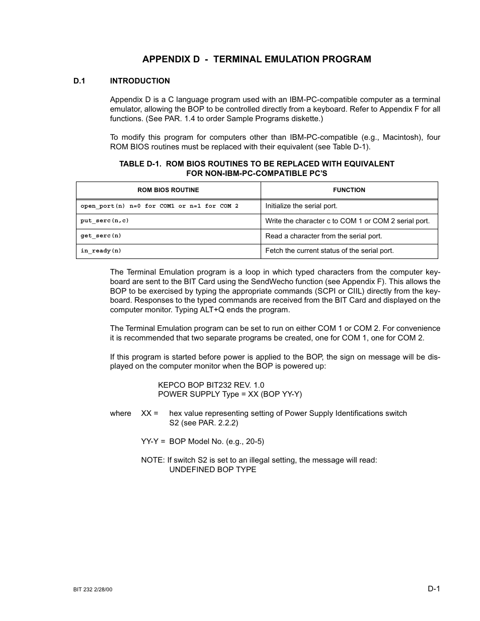 Appendix d - terminal emulation program | KEPCO BIT 232F User Manual | Page 59 / 72