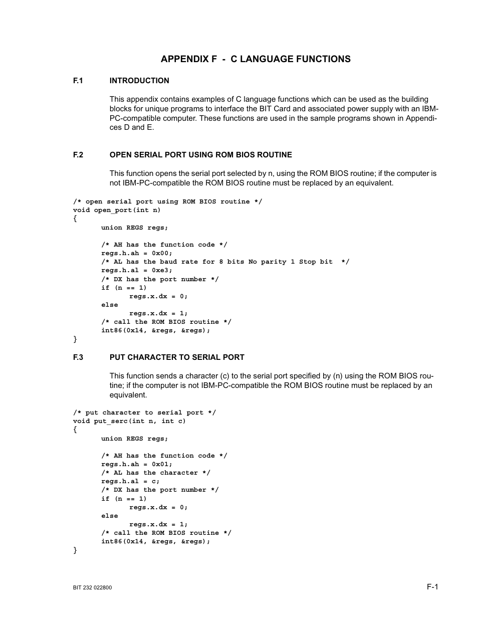 Appendix f - c language functions | KEPCO BIT 232F User Manual | Page 65 / 72