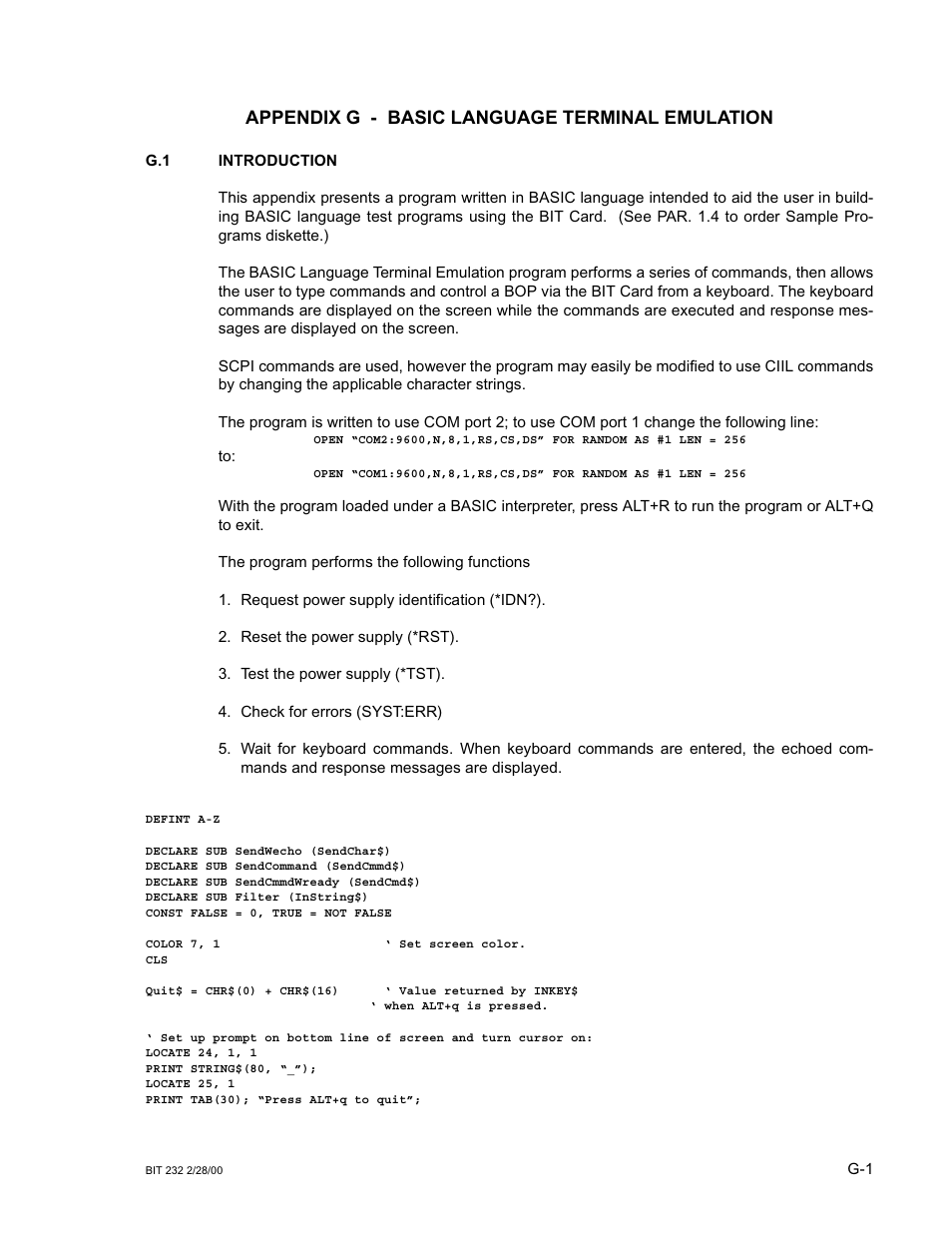 Appendix g - basic language terminal emulation | KEPCO BIT 232F User Manual | Page 69 / 72