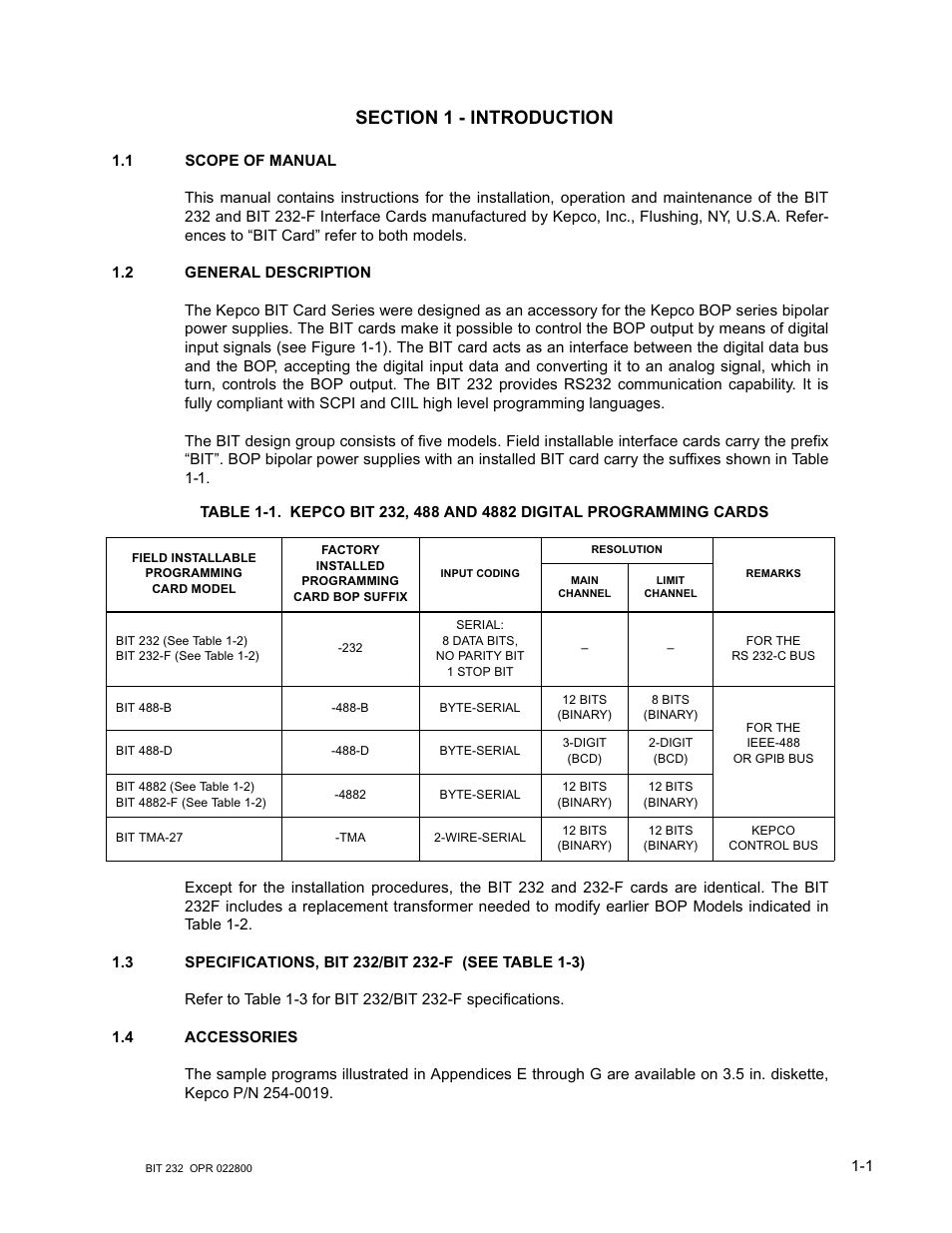 Section 1 - introduction, 1 scope of manual, 2 general description | 3 specifications, bit 232/bit 232-f, 4 accessories | KEPCO BIT 232F User Manual | Page 9 / 72